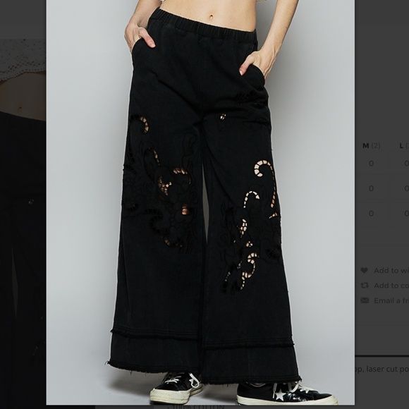 💎POL “ Sara “ Wide Leg Twill Pants with Laser Cut Out point Floral Pattern - Picture 1 of 6